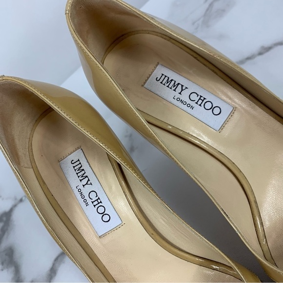 Jimmy Choo Maven Beige Tan Patent Mesh Crisscross Peep Toe Pumps 39.5 - Picture 4 of 13